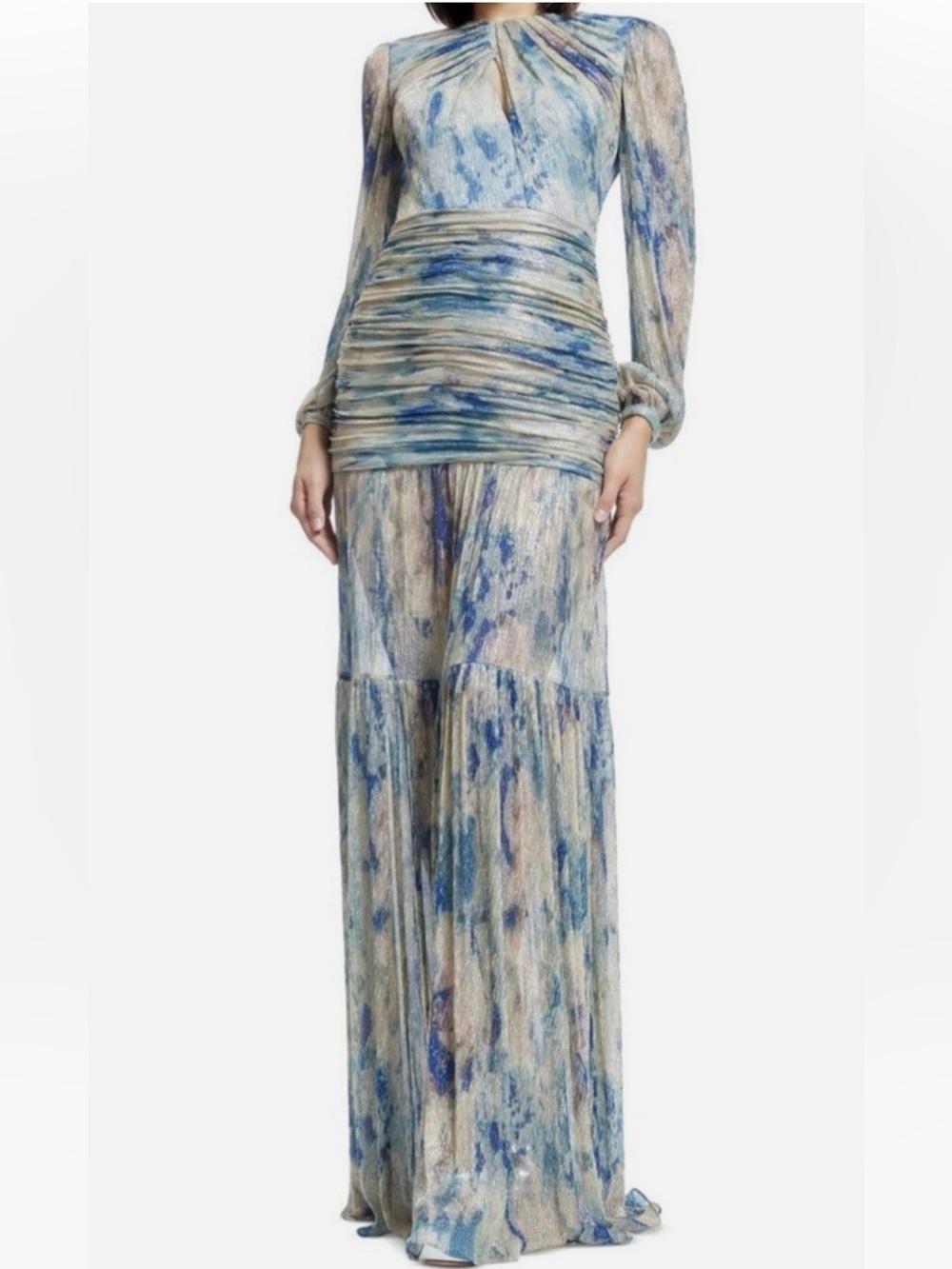 Dress the Population Blue and Cream Metallic-Effect Long Sleeve Pleated Dress